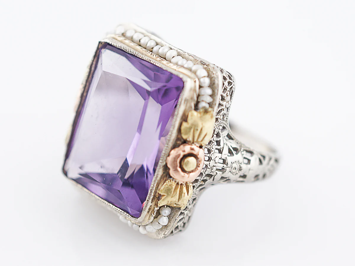 Antique Cocktail Ring Art Deco 10.43 Emerald Cut Amethyst in 14k Yellow, White & Rose Gold - Image 2