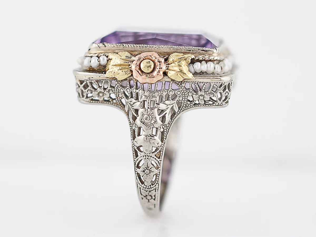 Antique Cocktail Ring Art Deco 10.43 Emerald Cut Amethyst in 14k Yellow, White & Rose Gold - Image 5