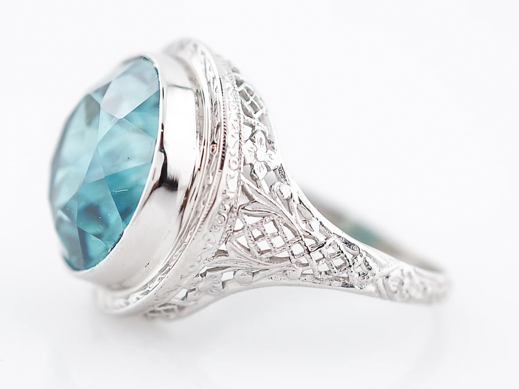 Antique Cocktail Ring Art Deco 14.16 Round Cut Zircon in 14k White Gold - Image 2