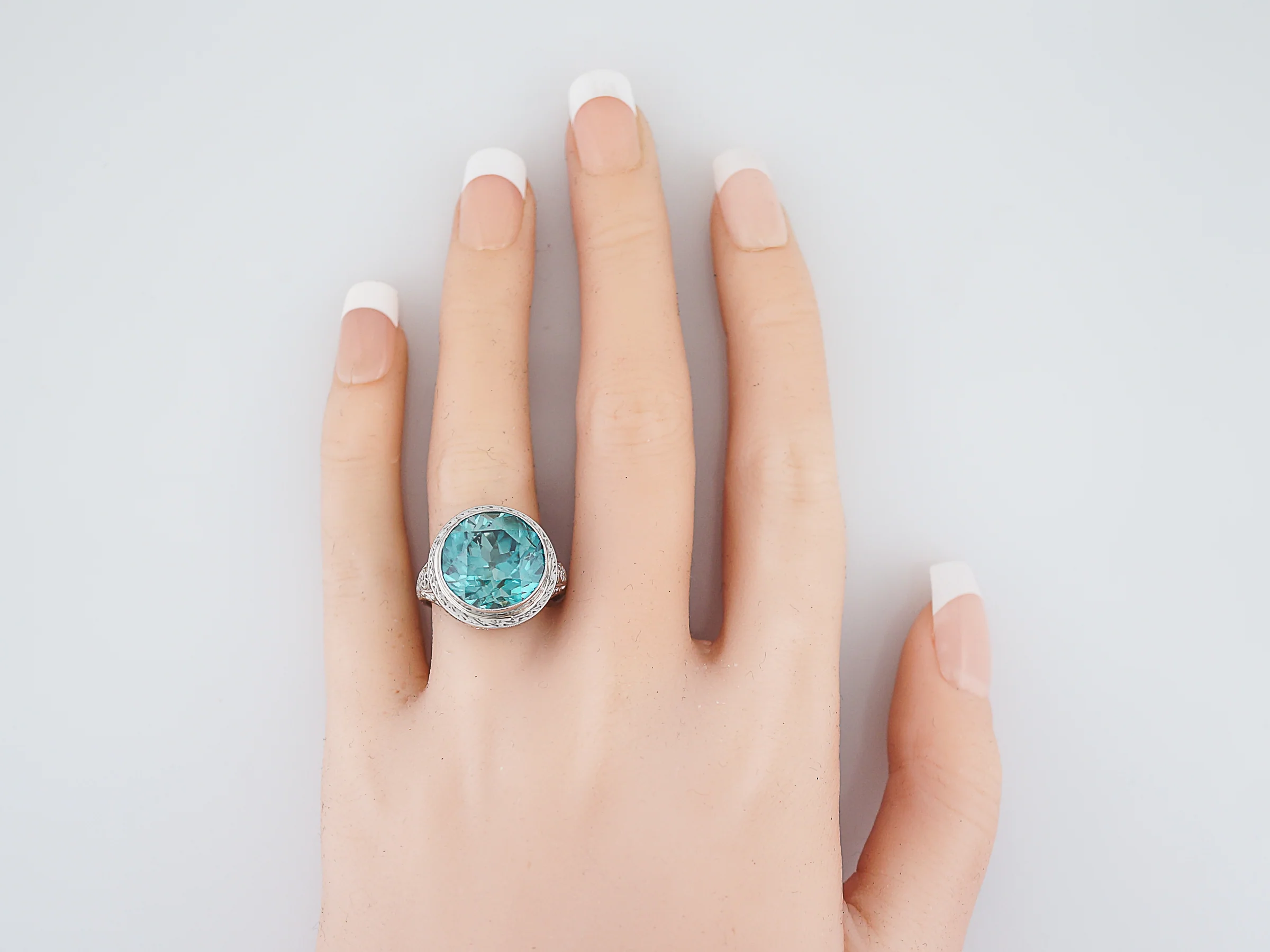 Antique Cocktail Ring Art Deco 14.16 Round Cut Zircon in 14k White Gold - Image 7