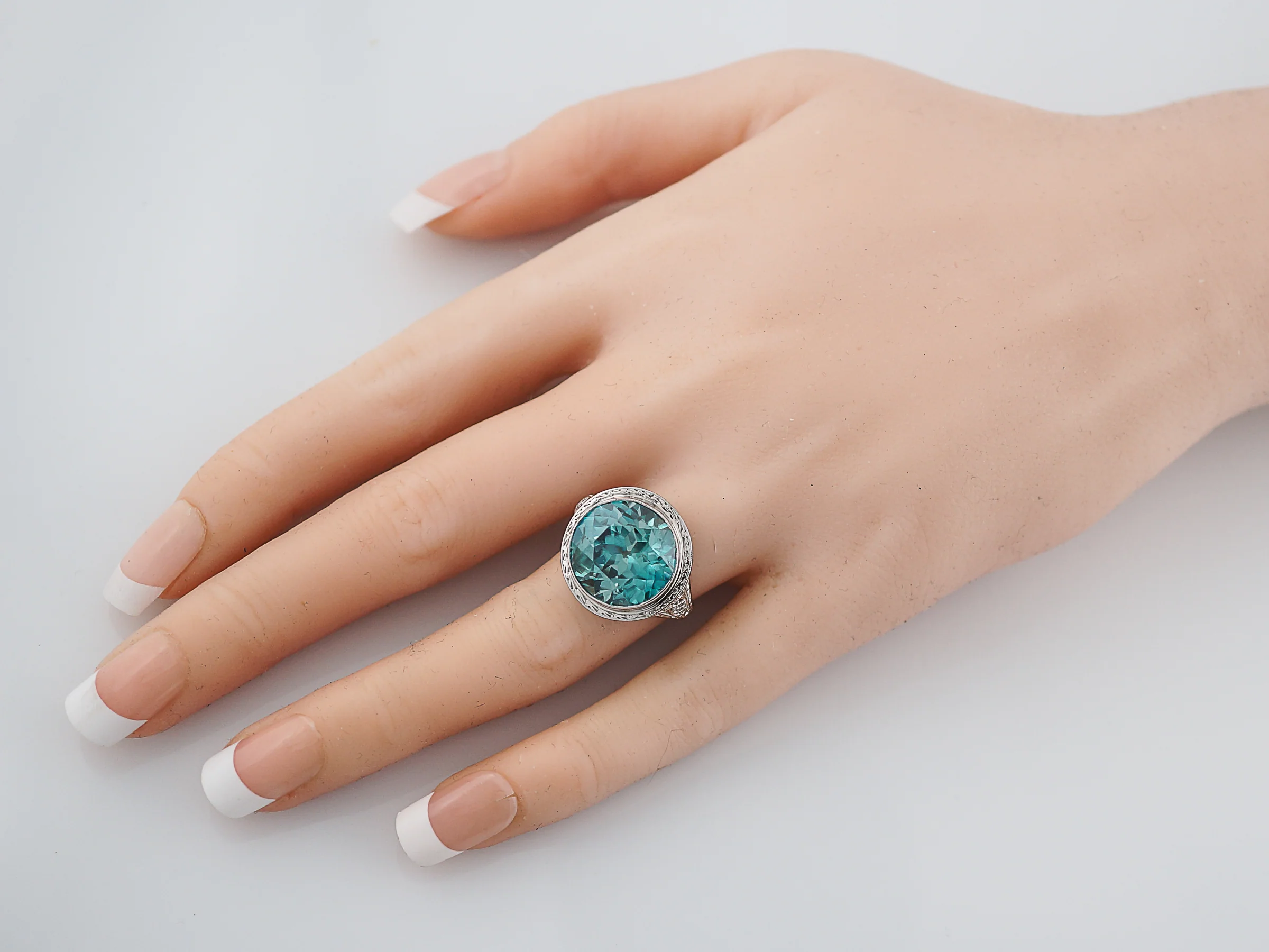 Antique Cocktail Ring Art Deco 14.16 Round Cut Zircon in 14k White Gold - Image 8