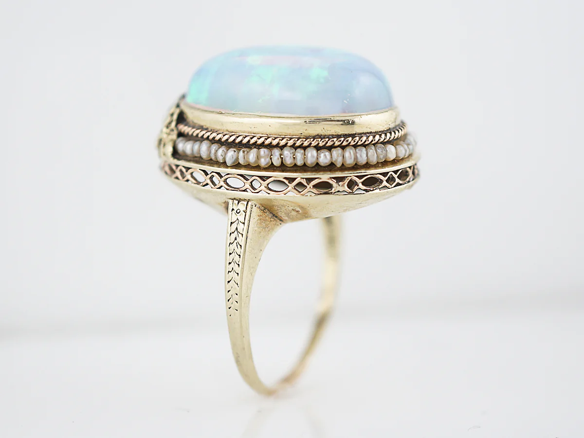 Antique Cocktail Ring Art Deco 20 Carat Cabochon Cut Opal in 14k Yellow Gold - Image 5