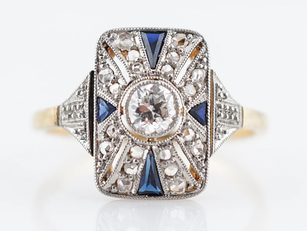 Antique Cocktail Ring Art Deco .21 Old European Cut Diamond and .20 Sapphire in 18K Yellow & White Gold - Image 2