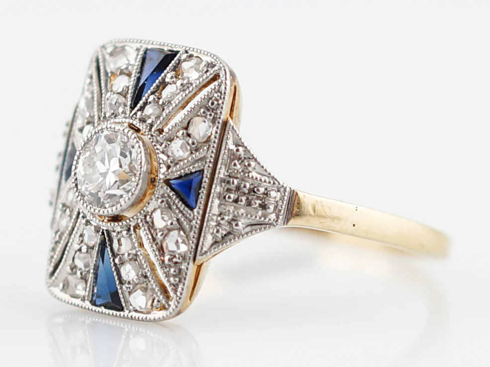 Antique Cocktail Ring Art Deco .21 Old European Cut Diamond and .20 Sapphire in 18K Yellow & White Gold - Image 3
