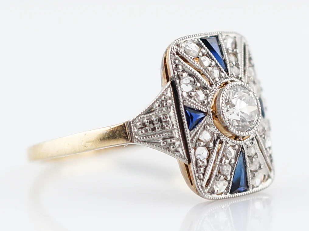 Antique Cocktail Ring Art Deco .21 Old European Cut Diamond and .20 Sapphire in 18K Yellow & White Gold - Image 4