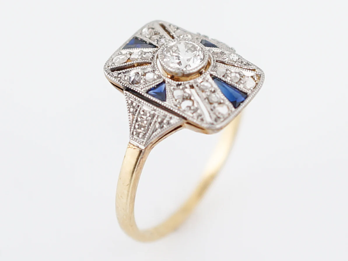 Antique Cocktail Ring Art Deco .21 Old European Cut Diamond and .20 Sapphires in 18K Yellow & White Gold - Image 5