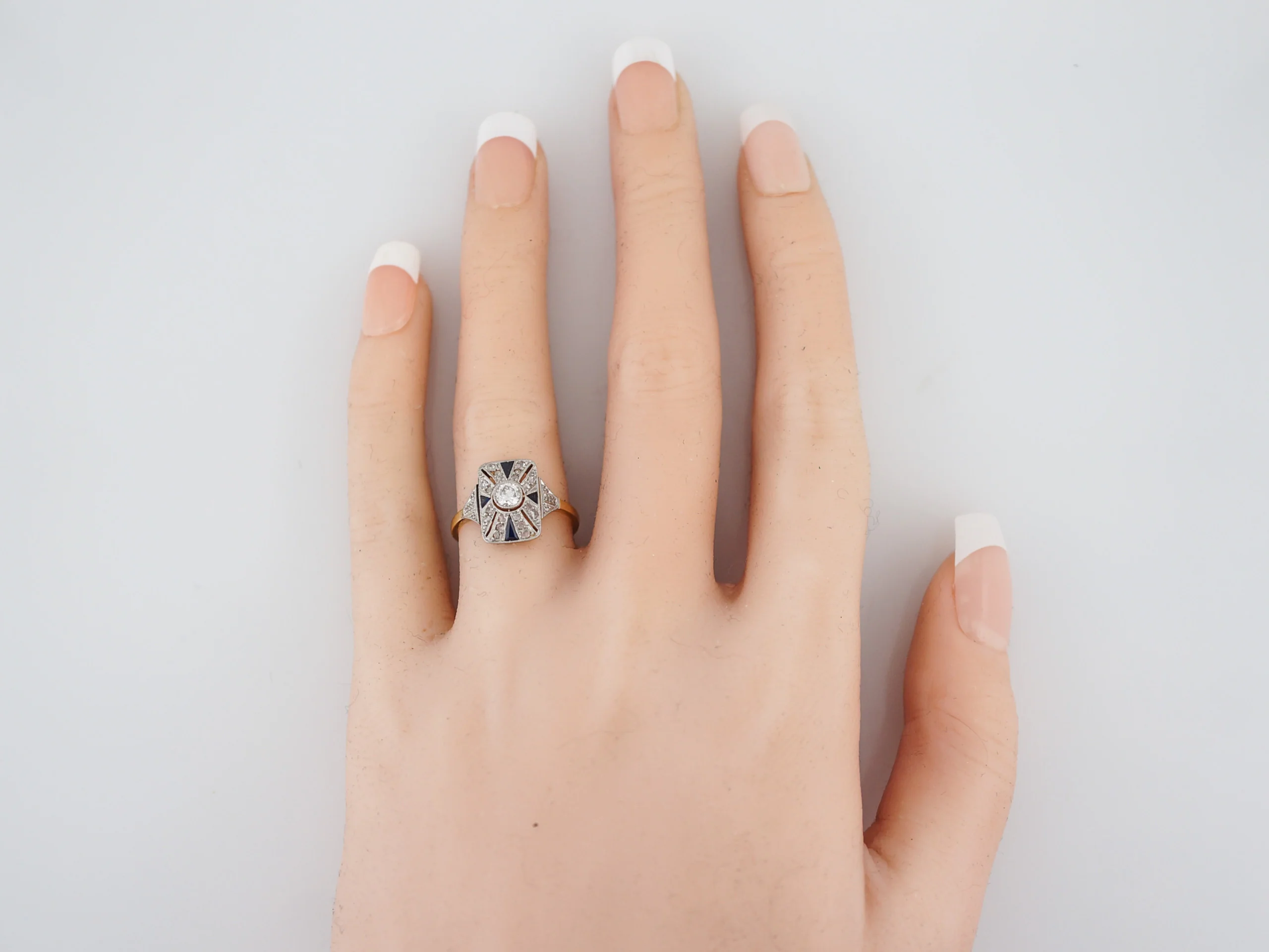 Antique Cocktail Ring Art Deco .21 Old European Cut Diamond and .20 Sapphires in 18K Yellow & White Gold - Image 6