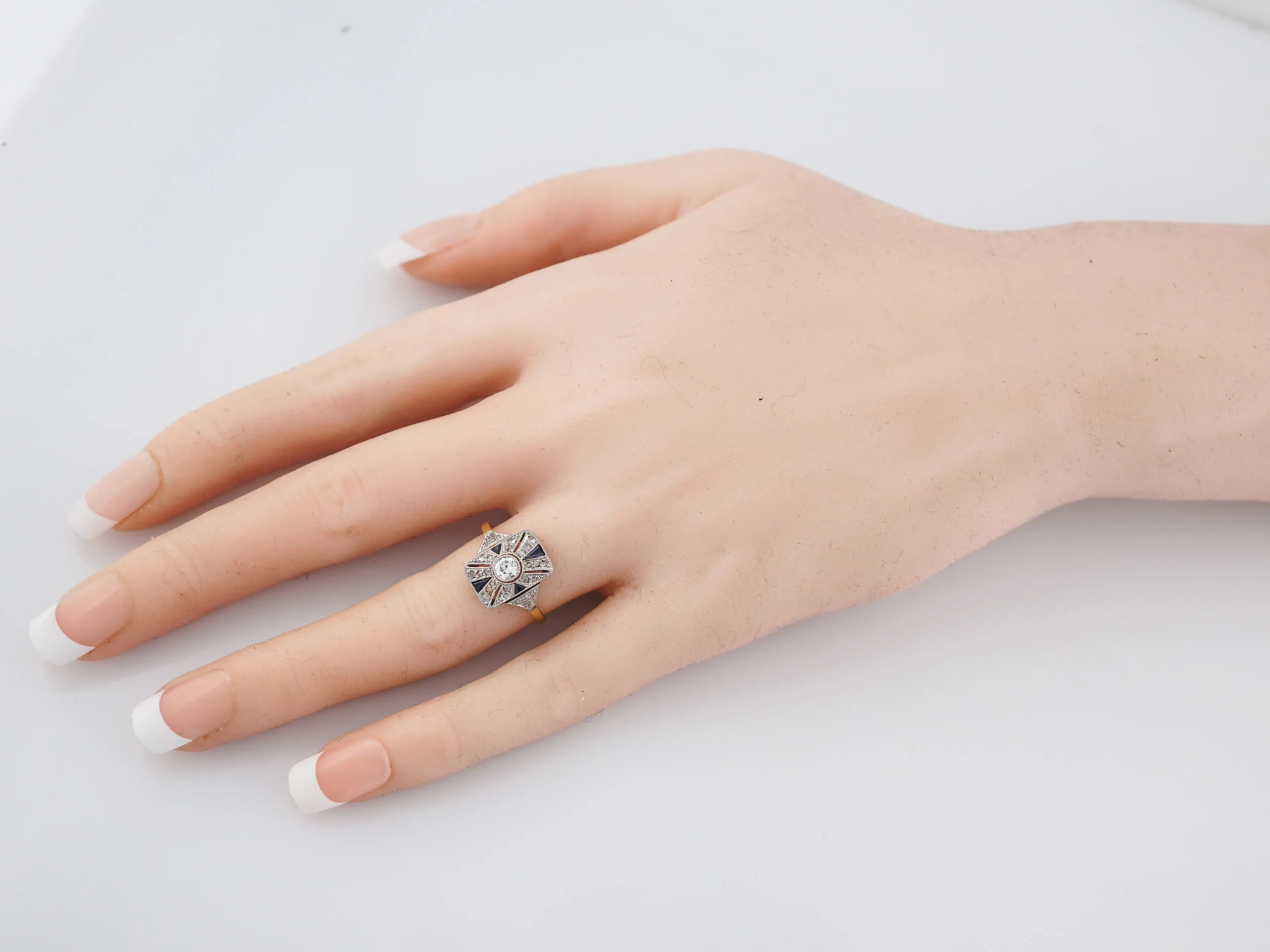 Antique Cocktail Ring Art Deco .21 Old European Cut Diamond and .20 Sapphires in 18K Yellow & White Gold - Image 7