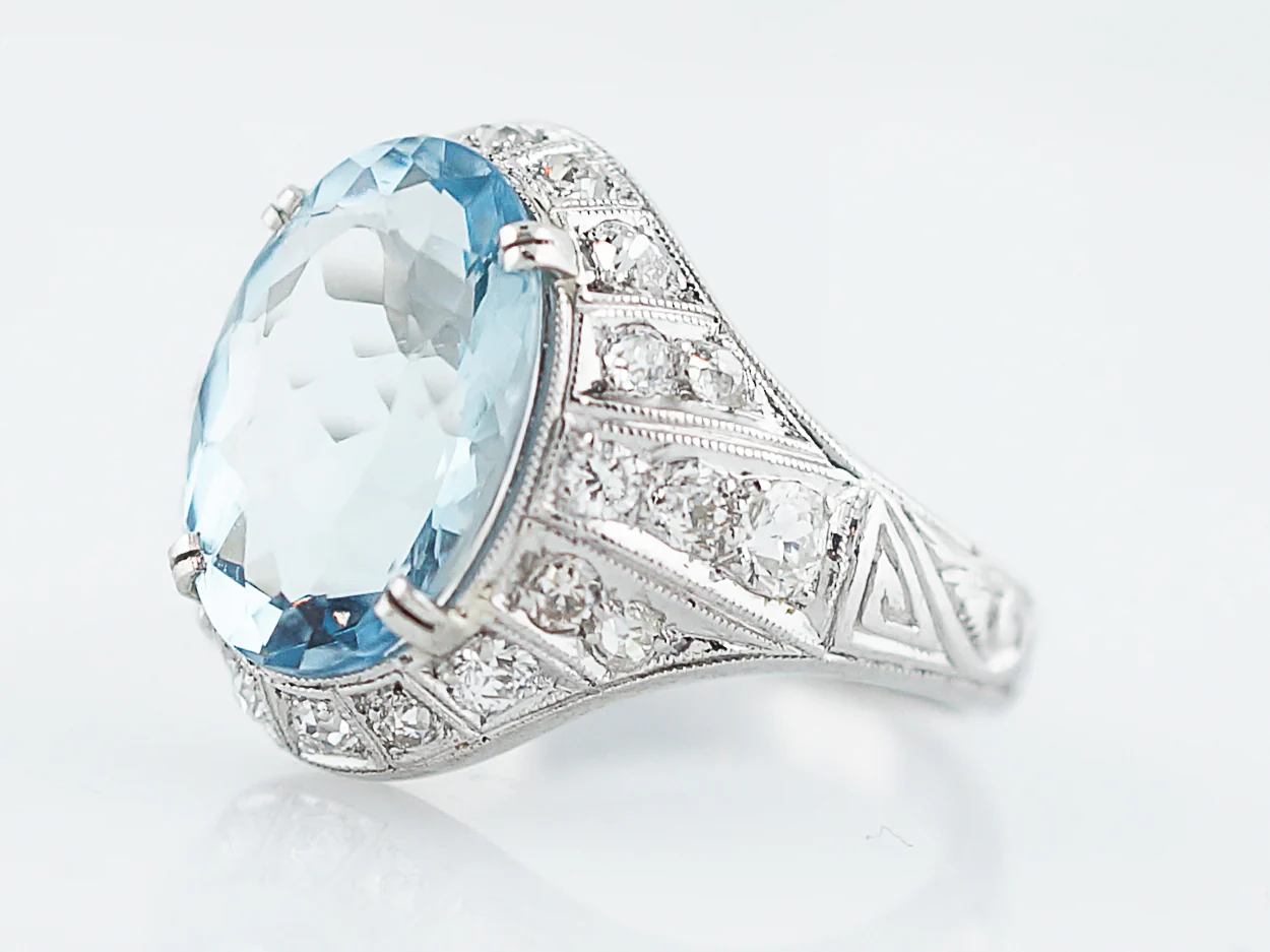 Antique Cocktail Ring Art Deco 3.70 Oval Cut Aquamarine in Platinum - Image 2