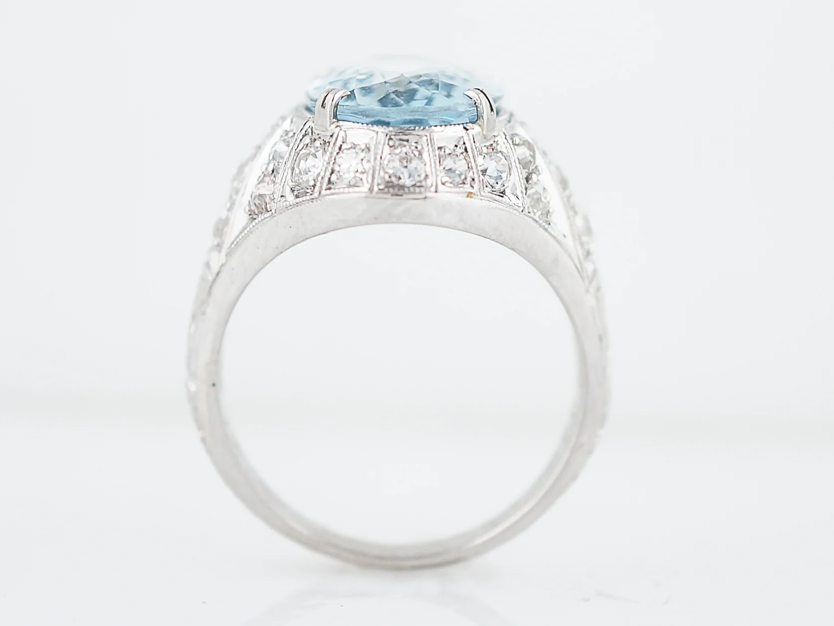 Antique Cocktail Ring Art Deco 3.70 Oval Cut Aquamarine in Platinum - Image 6