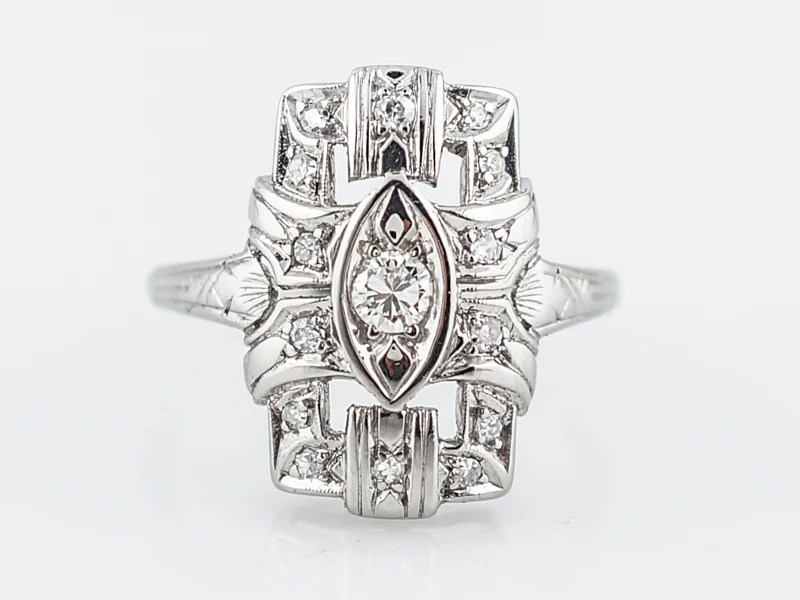 Antique Cocktail Ring Art Deco .32 Round Brilliant Cut Diamonds in 18k White Gold