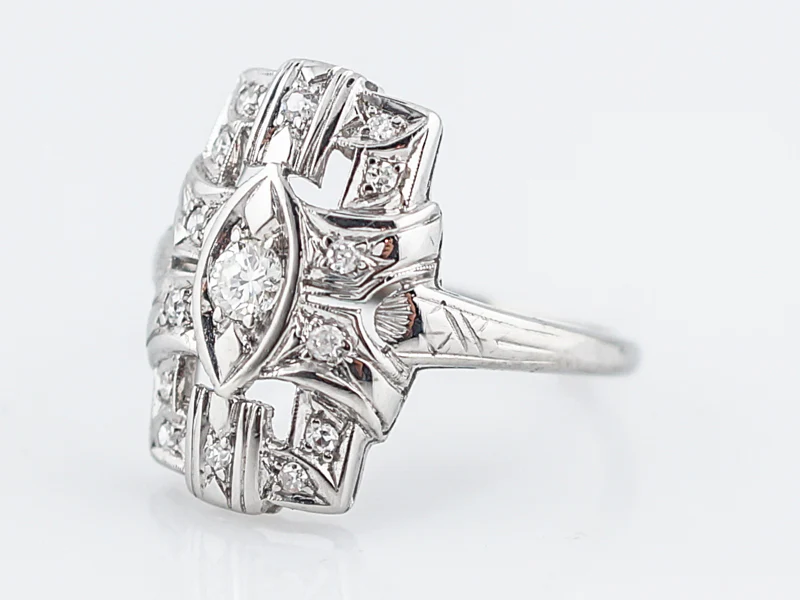Antique Cocktail Ring Art Deco .32 Round Brilliant Cut Diamonds in 18k White Gold - Image 3