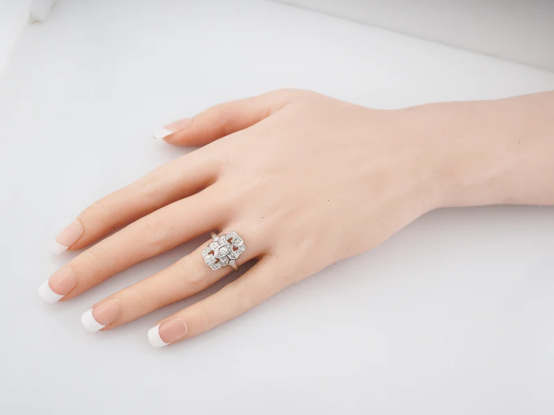 Antique Cocktail Ring Art Deco .32 Round Brilliant Cut Diamonds in 18k White Gold - Image 6