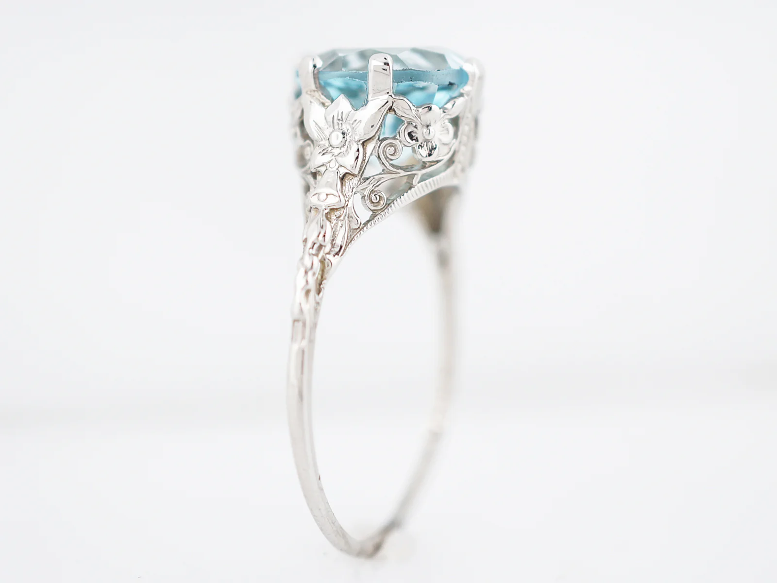 Antique Cocktail Ring Art Deco 4.80 Round Brilliant Cut Aquamarine in 14k White Gold - Image 3
