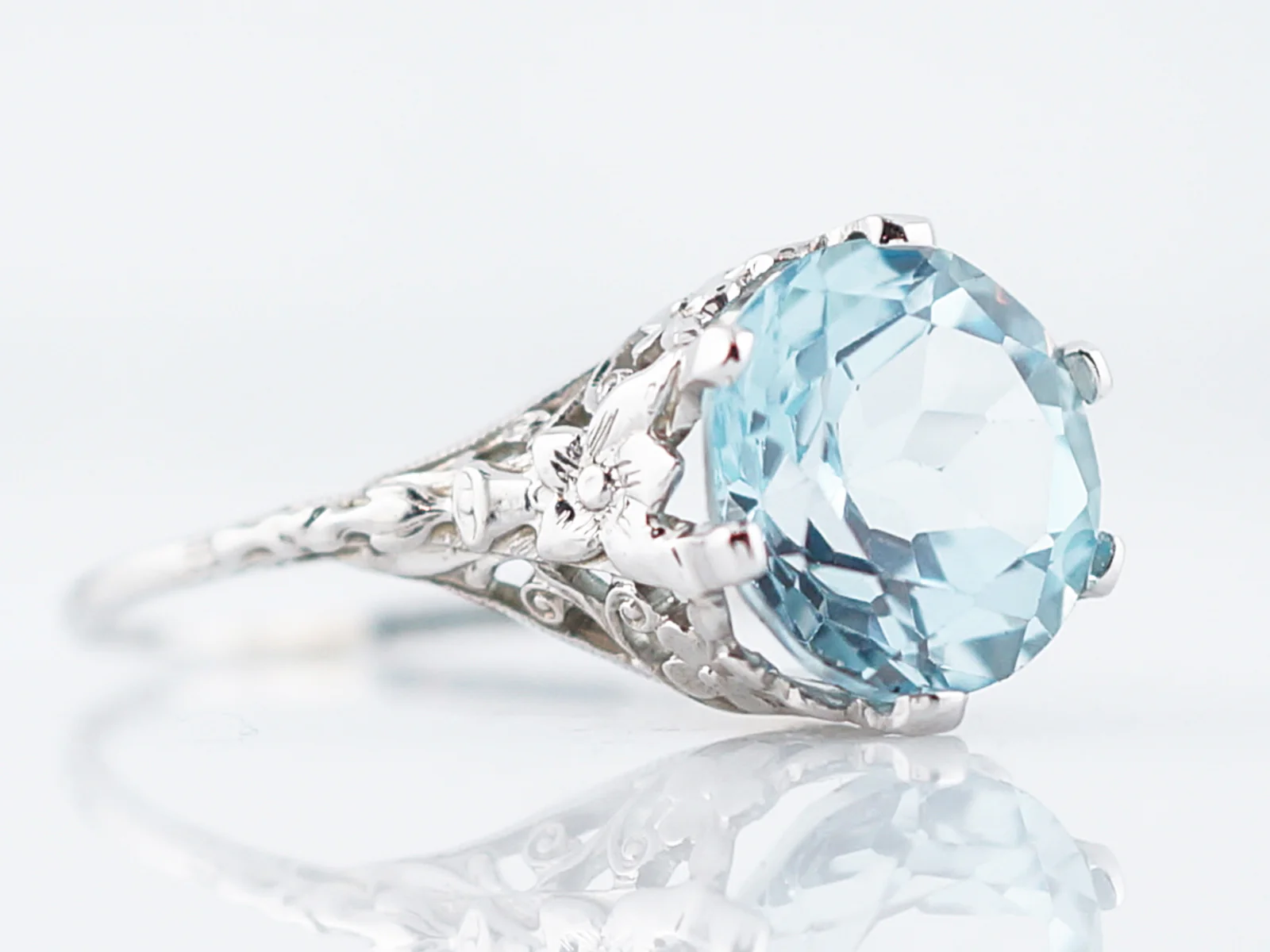Antique Cocktail Ring Art Deco 4.80 Round Brilliant Cut Aquamarine in 14k White Gold - Image 5