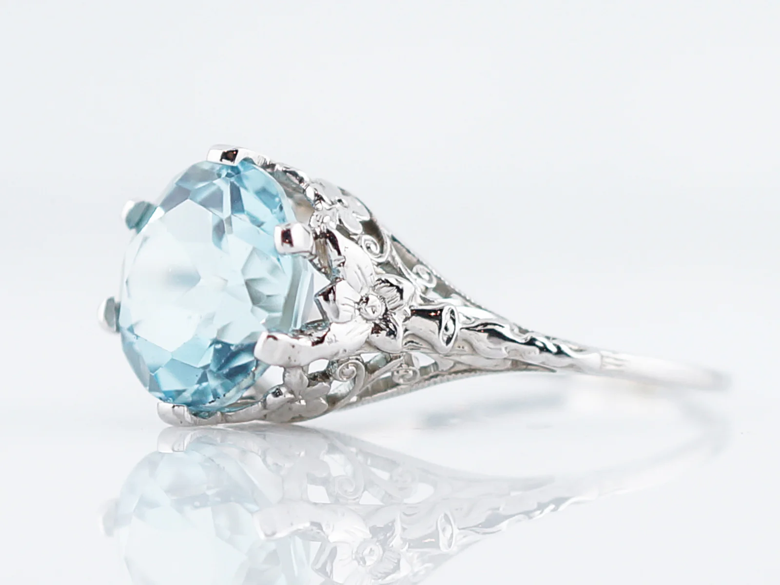 Antique Cocktail Ring Art Deco 4.80 Round Brilliant Cut Aquamarine in 14k White Gold - Image 6