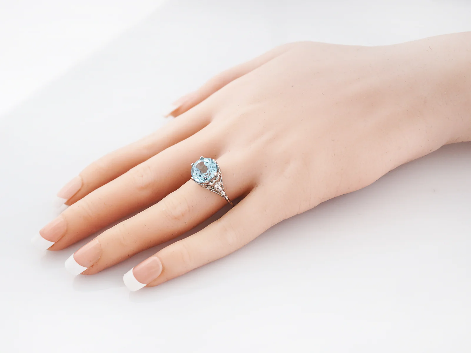 Antique Cocktail Ring Art Deco 4.80 Round Brilliant Cut Aquamarine in 14k White Gold - Image 7