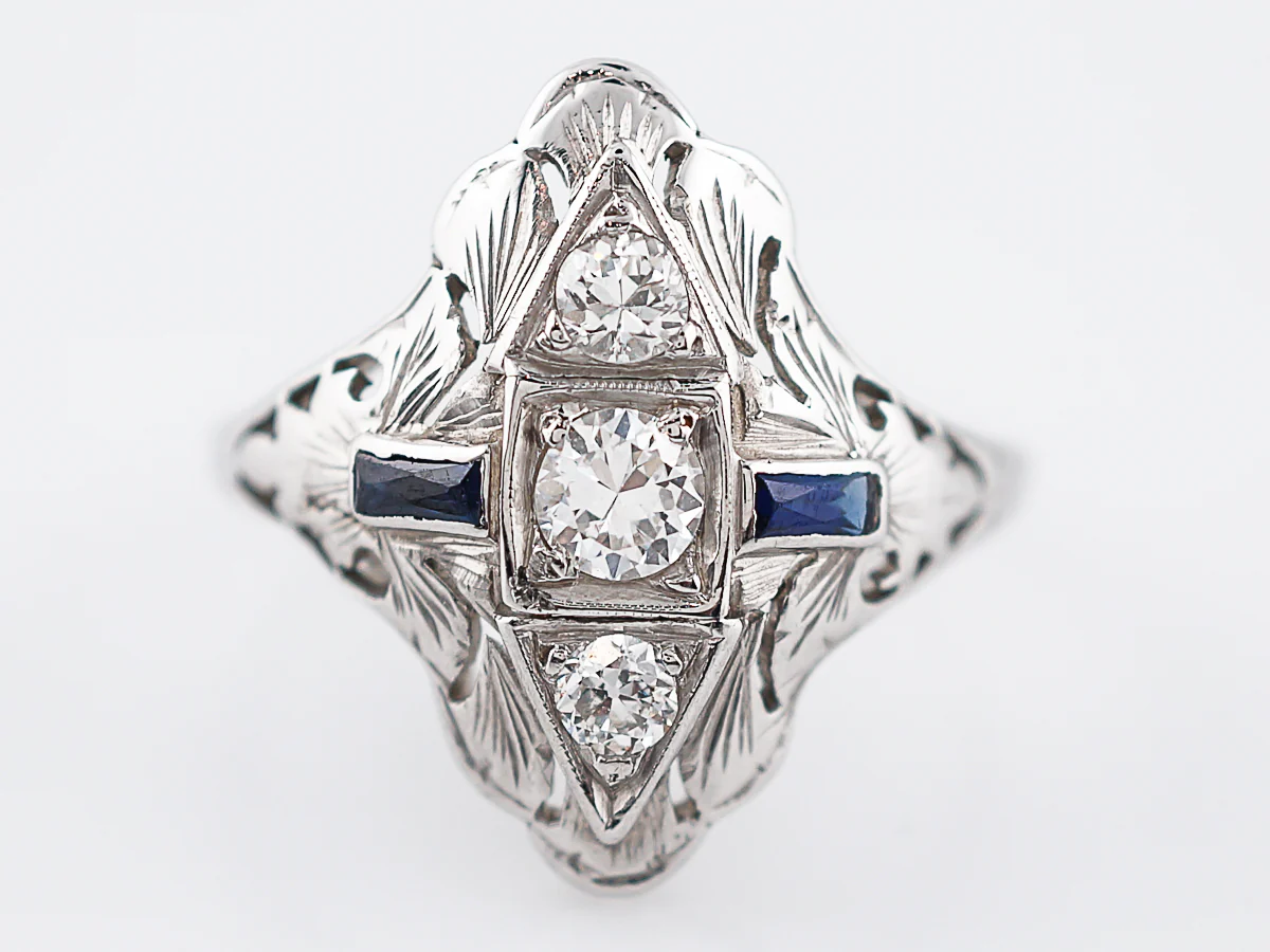 Antique Cocktail Ring Art Deco .47 Old European Cut Diamond & .18 Baguette Cut Sapphire in 18k White Gold