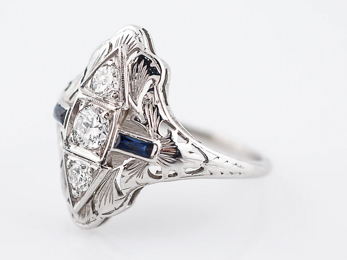Antique Cocktail Ring Art Deco .47 Old European Cut Diamond & .18 Baguette Cut Sapphire in 18k White Gold - Image 2