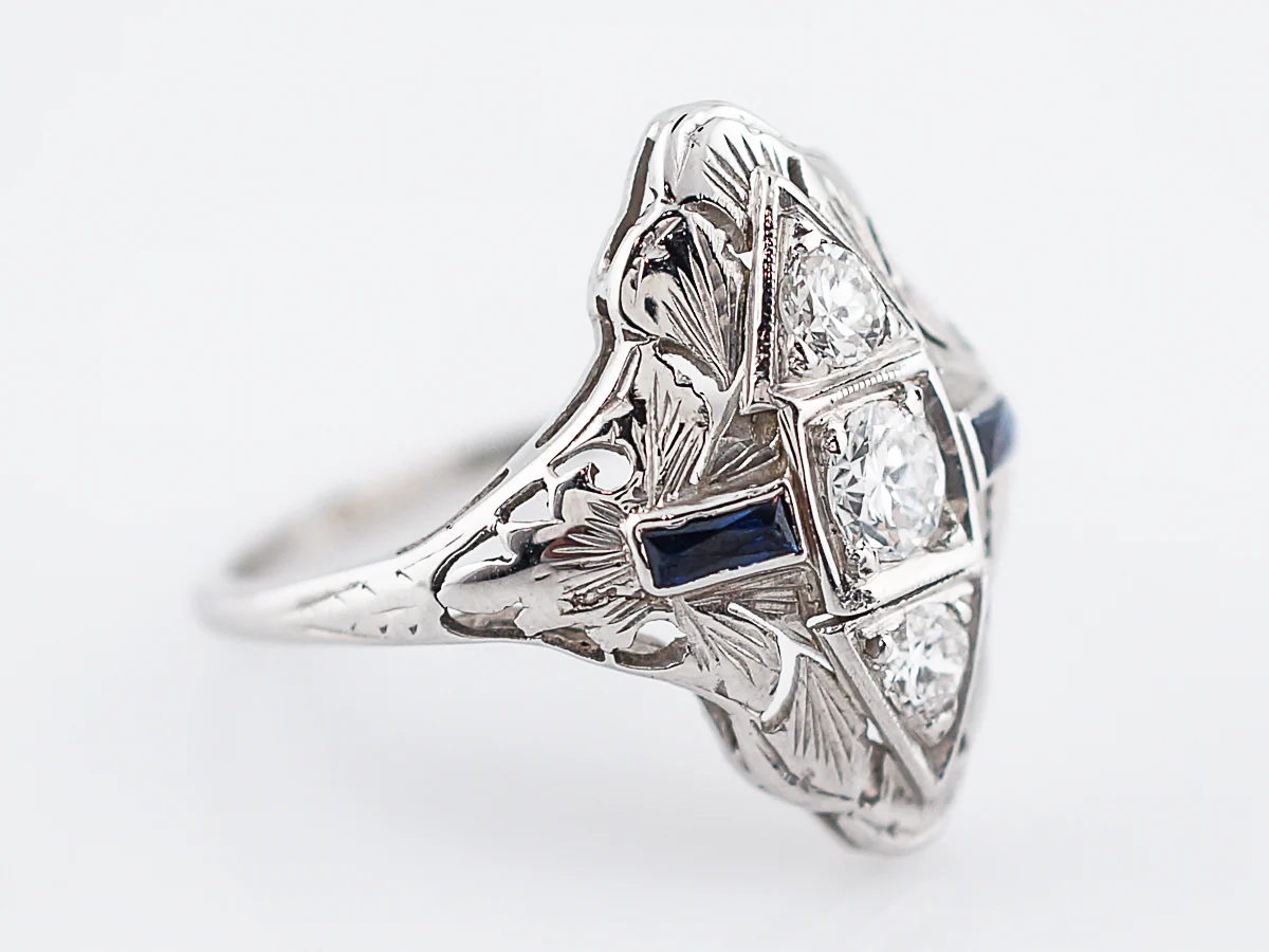 Antique Cocktail Ring Art Deco .47 Old European Cut Diamond & .18 Baguette Cut Sapphire in 18k White Gold - Image 3