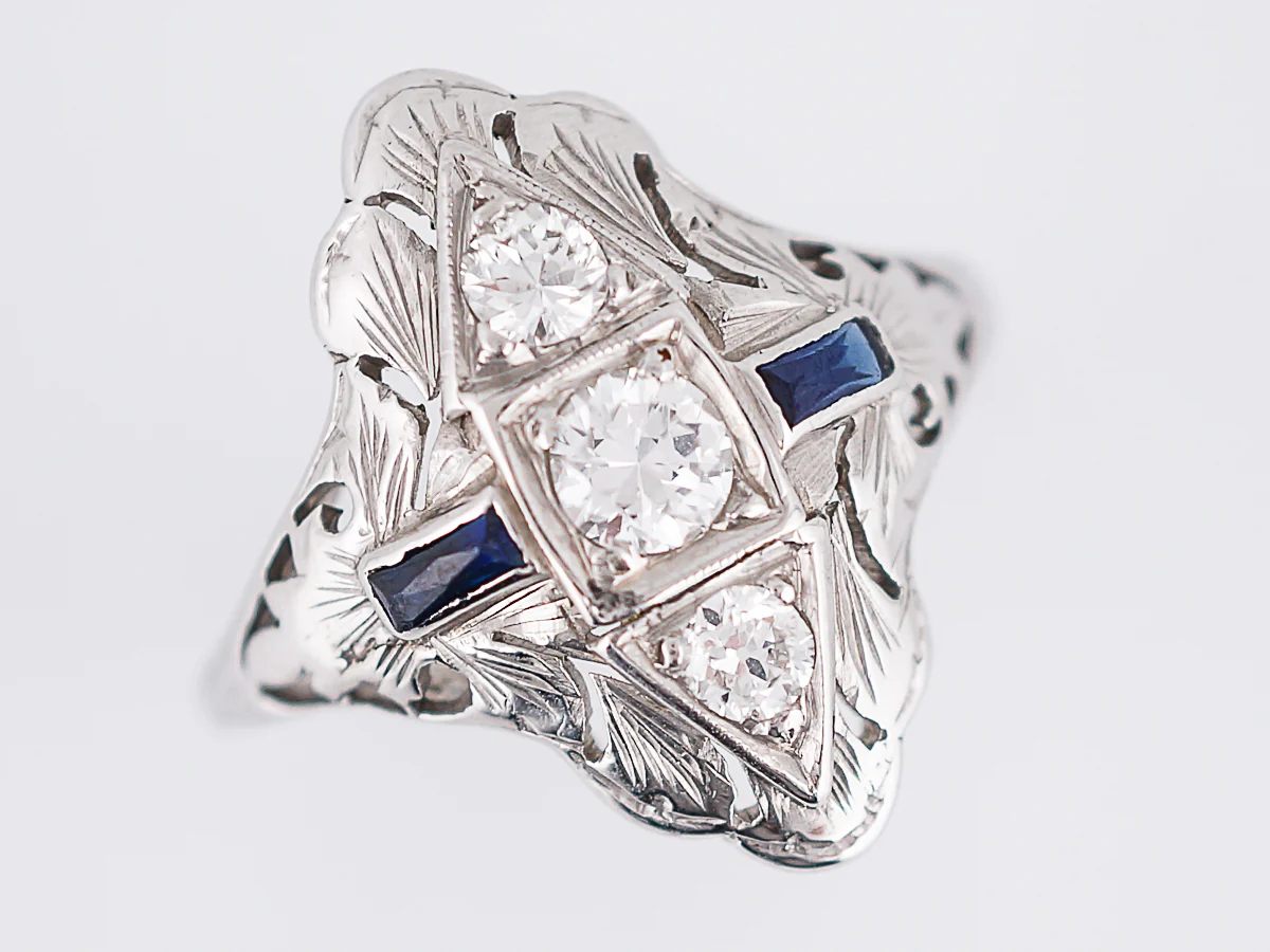 Antique Cocktail Ring Art Deco .47 Old European Cut Diamond & .18 Baguette Cut Sapphire in 18k White Gold - Image 4