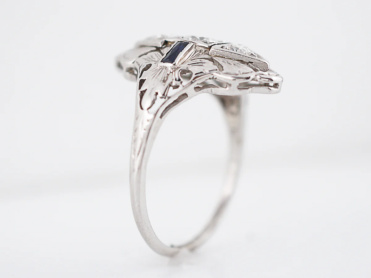 Antique Cocktail Ring Art Deco .47 Old European Cut Diamond & .18 Baguette Cut Sapphire in 18k White Gold - Image 5