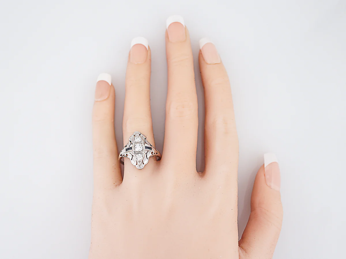 Antique Cocktail Ring Art Deco .47 Old European Cut Diamond & .18 Baguette Cut Sapphire in 18k White Gold - Image 6
