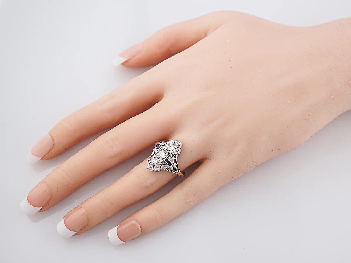 Antique Cocktail Ring Art Deco .47 Old European Cut Diamond & .18 Baguette Cut Sapphire in 18k White Gold - Image 7