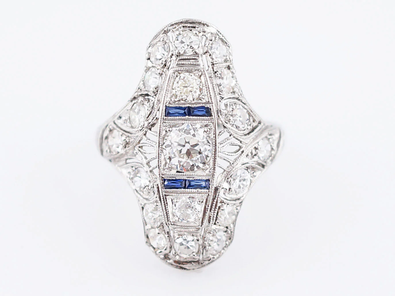 Antique Cocktail Ring Art Deco GIA .46 Old European Cut Diamonds in Platinum