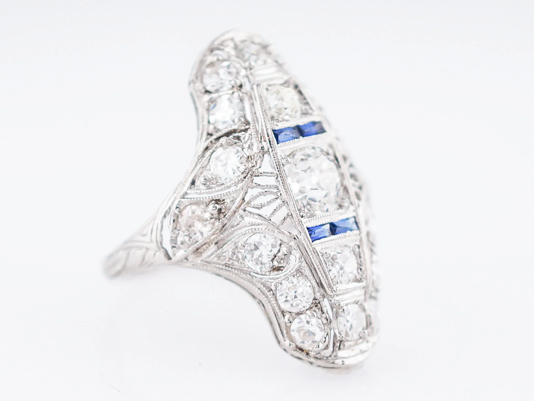 Antique Cocktail Ring Art Deco GIA .46 Old European Cut Diamonds in Platinum - Image 2
