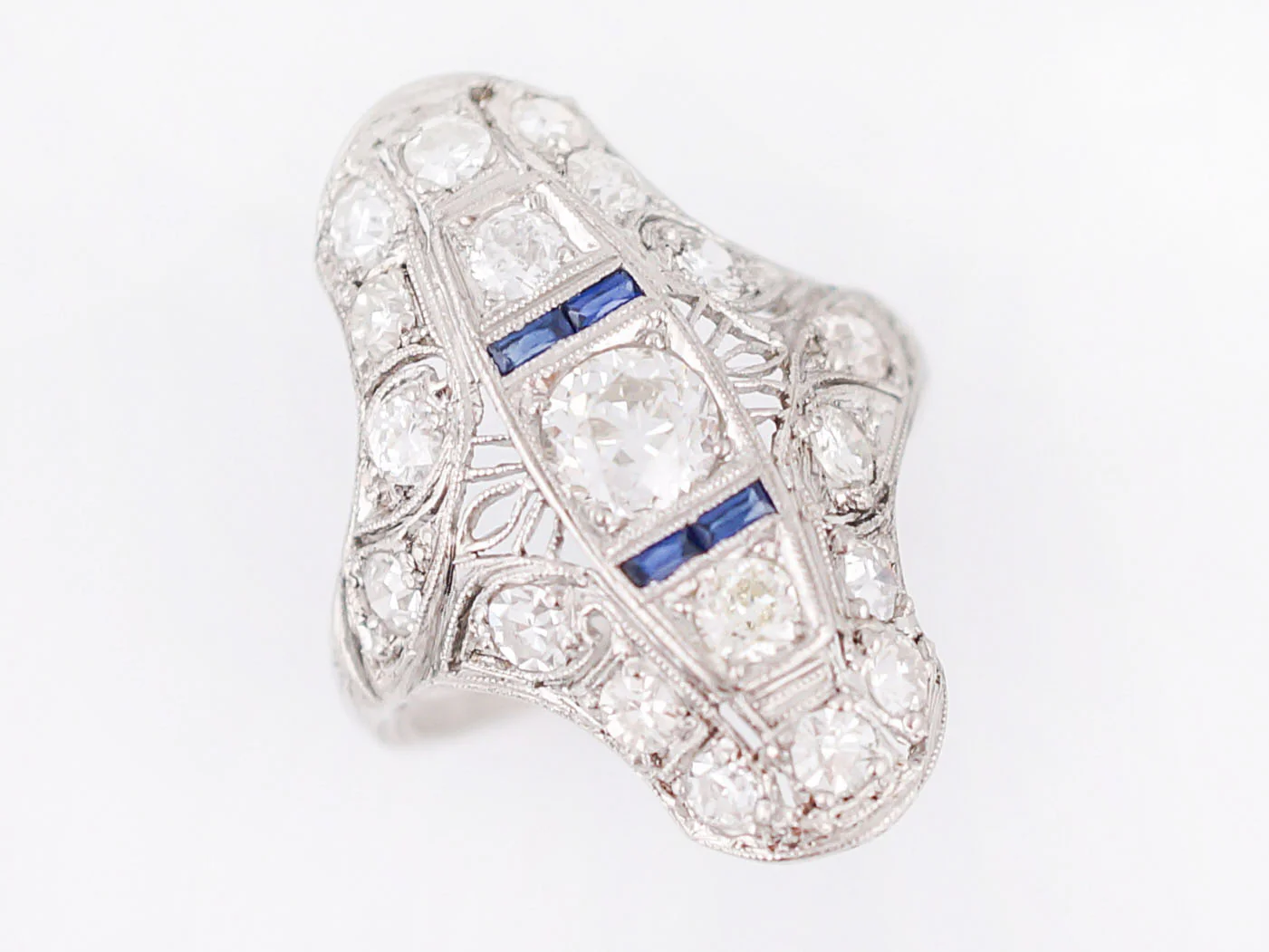 Antique Cocktail Ring Art Deco GIA .46 Old European Cut Diamonds in Platinum - Image 4