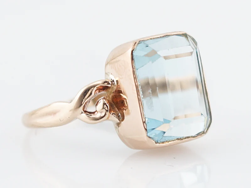 Antique Cocktail Ring Art Nouveau 10.00 Emerald Cut Aquamarine in 10k Rose Gold - Image 3