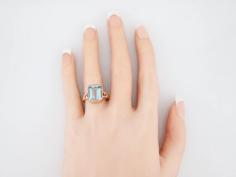 Antique Cocktail Ring Art Nouveau 10.00 Emerald Cut Aquamarine in 10k Rose Gold - Image 6