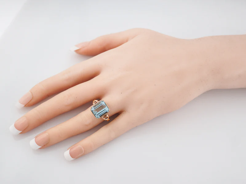 Antique Cocktail Ring Art Nouveau 10.00 Emerald Cut Aquamarine in 10k Rose Gold - Image 7
