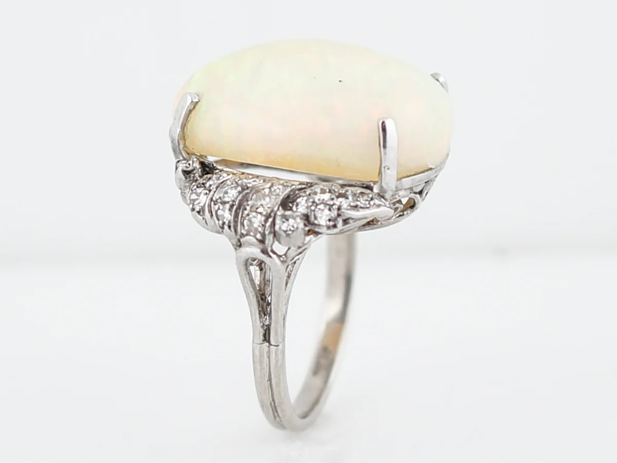 Antique Cocktail Ring Late Art Deco 13.09 Cabochon Cut Opal in Platinum - Image 4