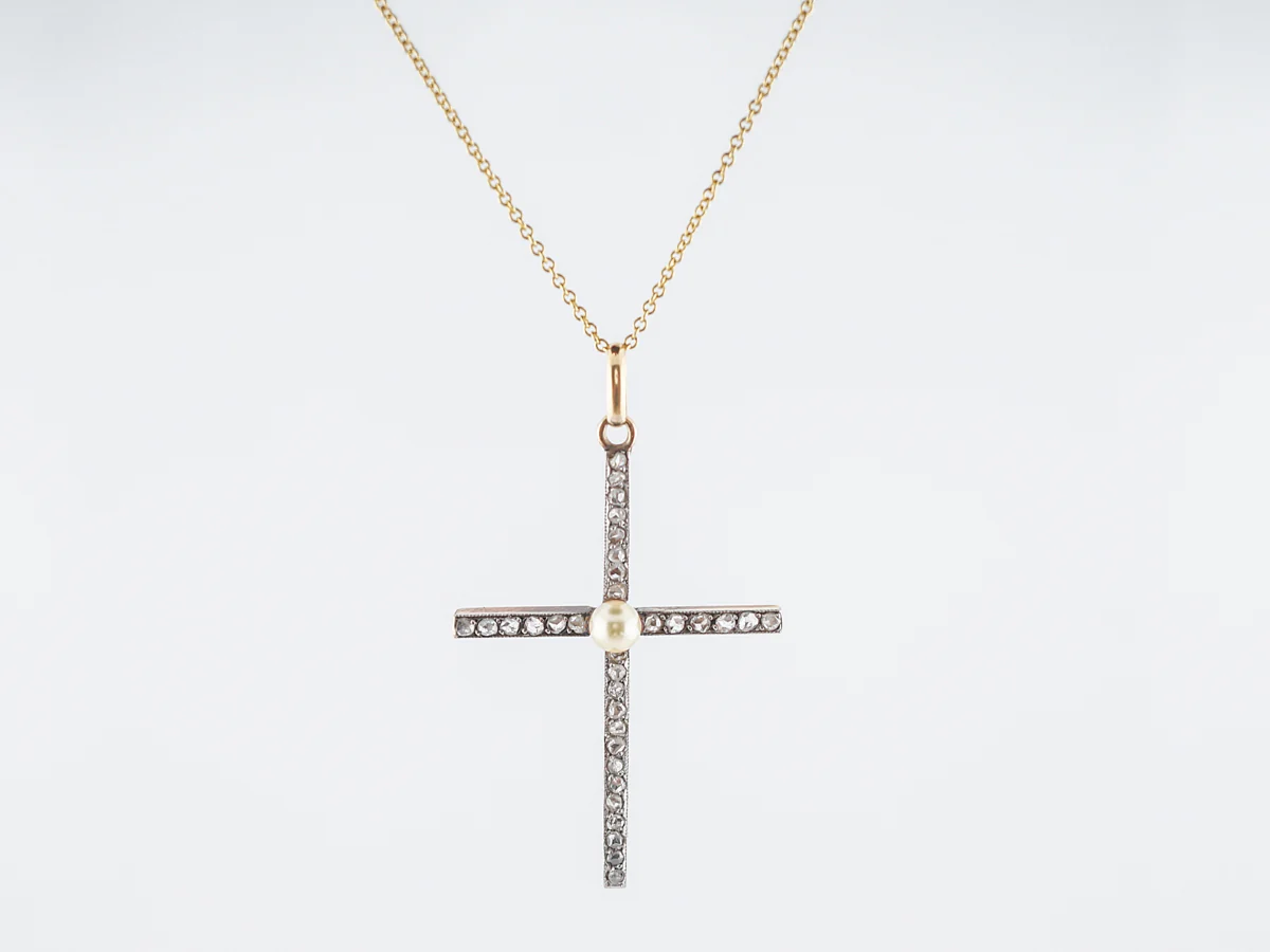 Antique Cross Necklace Victorian Pearl & .99 Rose Cut Diamonds in 14k Yellow Gold & Sterling Silver