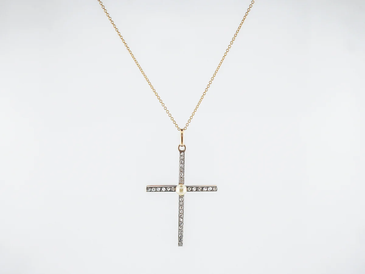 Antique Cross Necklace Victorian Pearl & .99 Rose Cut Diamonds in 14k Yellow Gold & Sterling Silver - Image 2