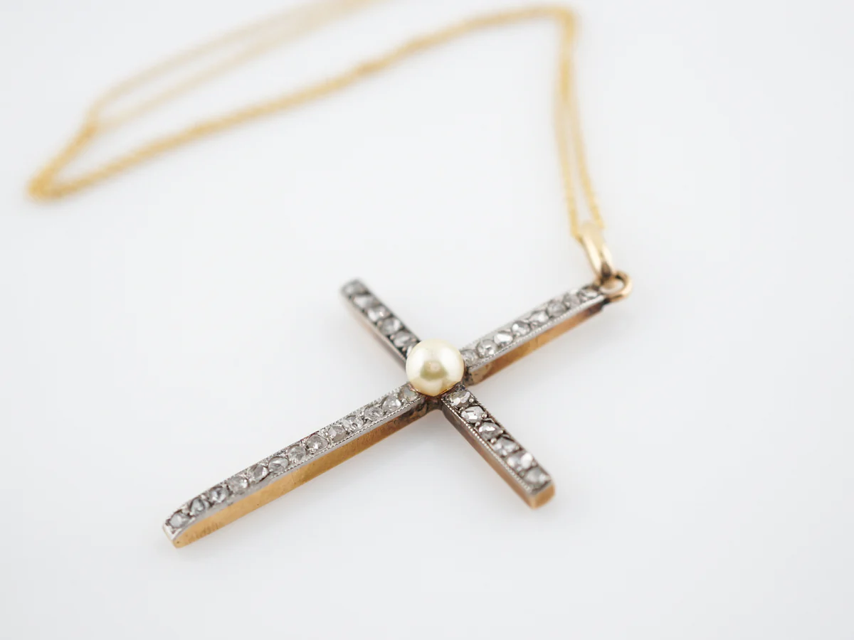 Antique Cross Necklace Victorian Pearl & .99 Rose Cut Diamonds in 14k Yellow Gold & Sterling Silver - Image 3