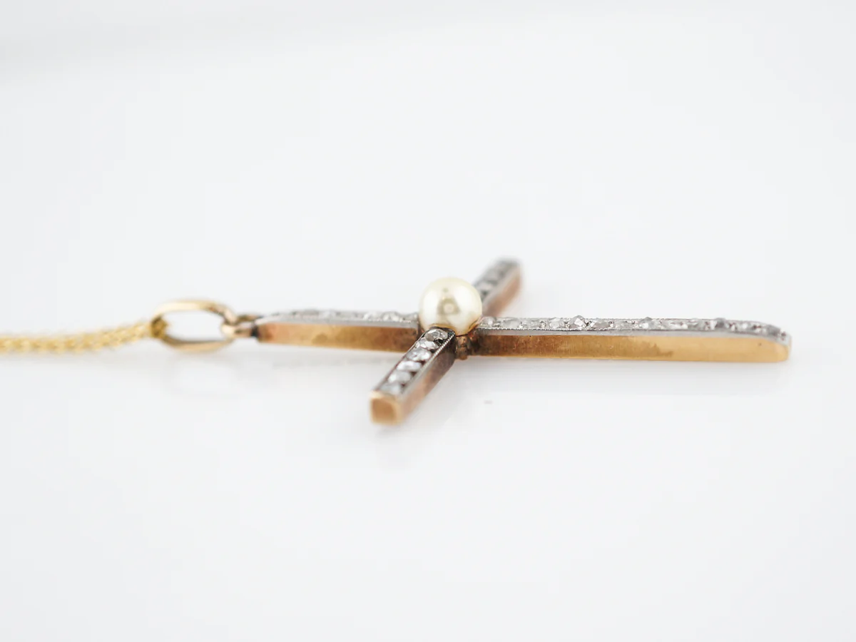 Antique Cross Necklace Victorian Pearl & .99 Rose Cut Diamonds in 14k Yellow Gold & Sterling Silver - Image 4