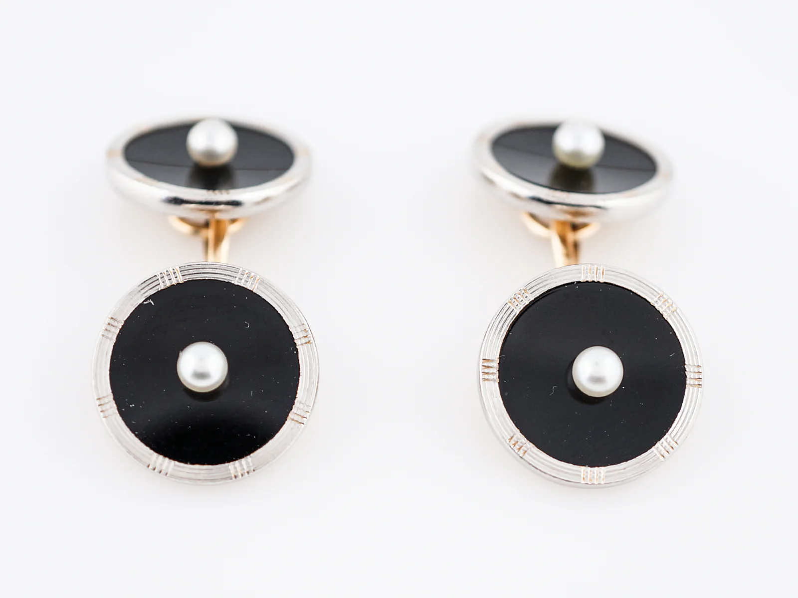 Antique Cufflinks Art Deco Onyx & Pearl Stud Set in 14k Yellow Gold - Image 2