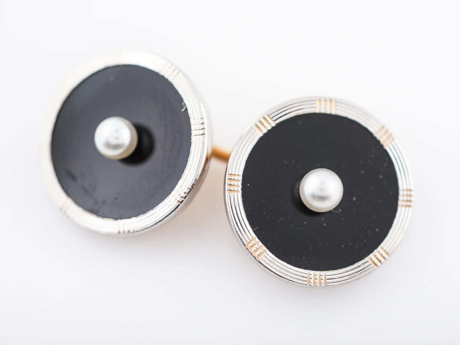 Antique Cufflinks Art Deco Onyx & Pearl Stud Set in 14k Yellow Gold - Image 4