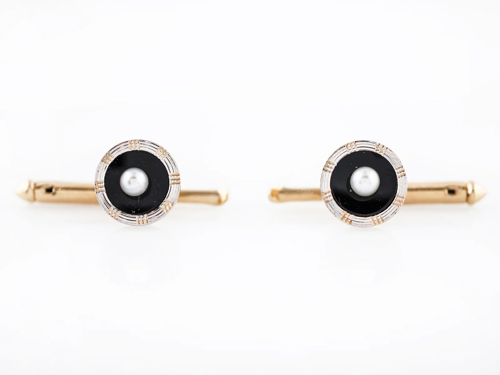 Antique Cufflinks Art Deco Onyx & Pearl Stud Set in 14k Yellow Gold - Image 6