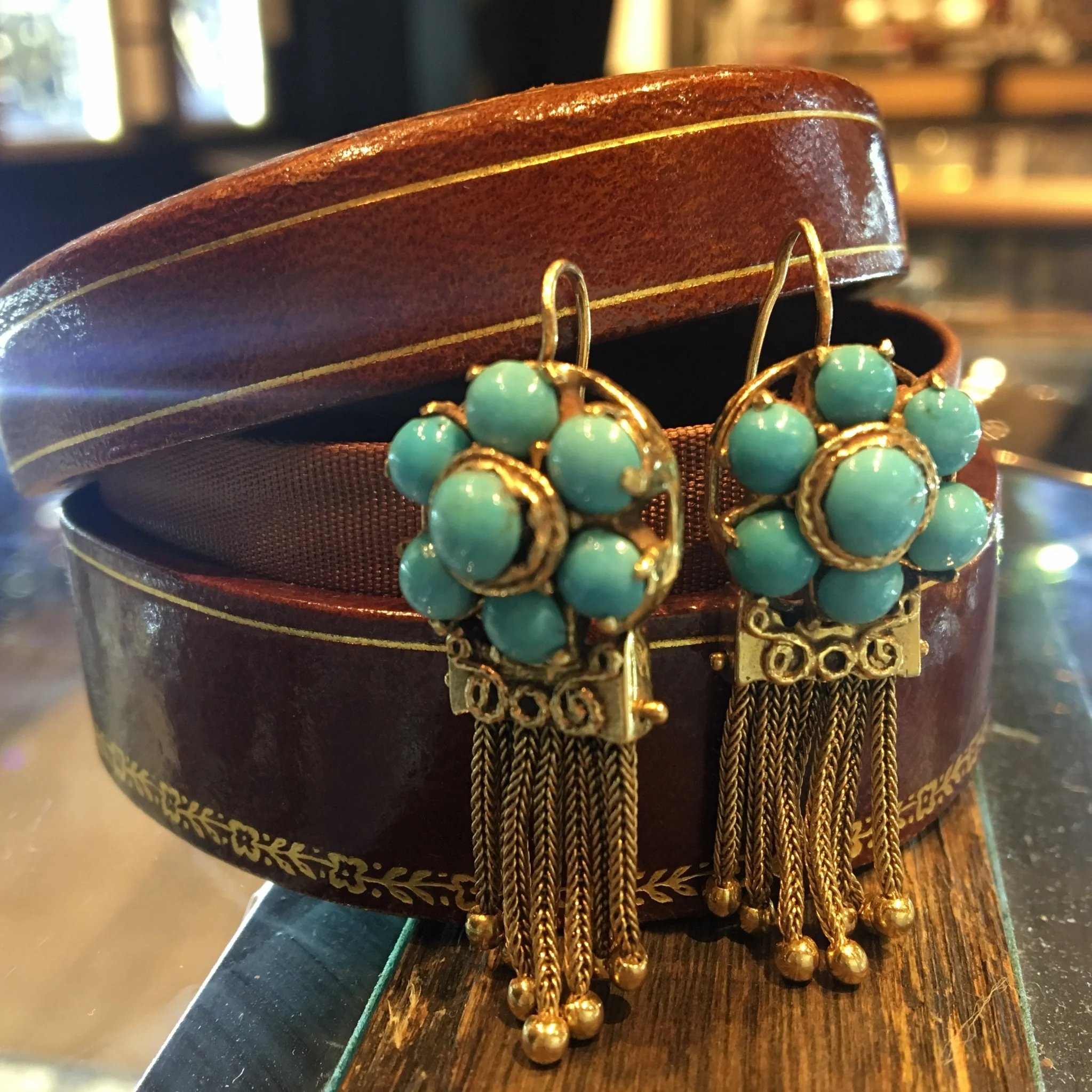 Antique Dangle Drop Earrings Victorian Cabochon Cut Turquoise in 14k Yellow Gold