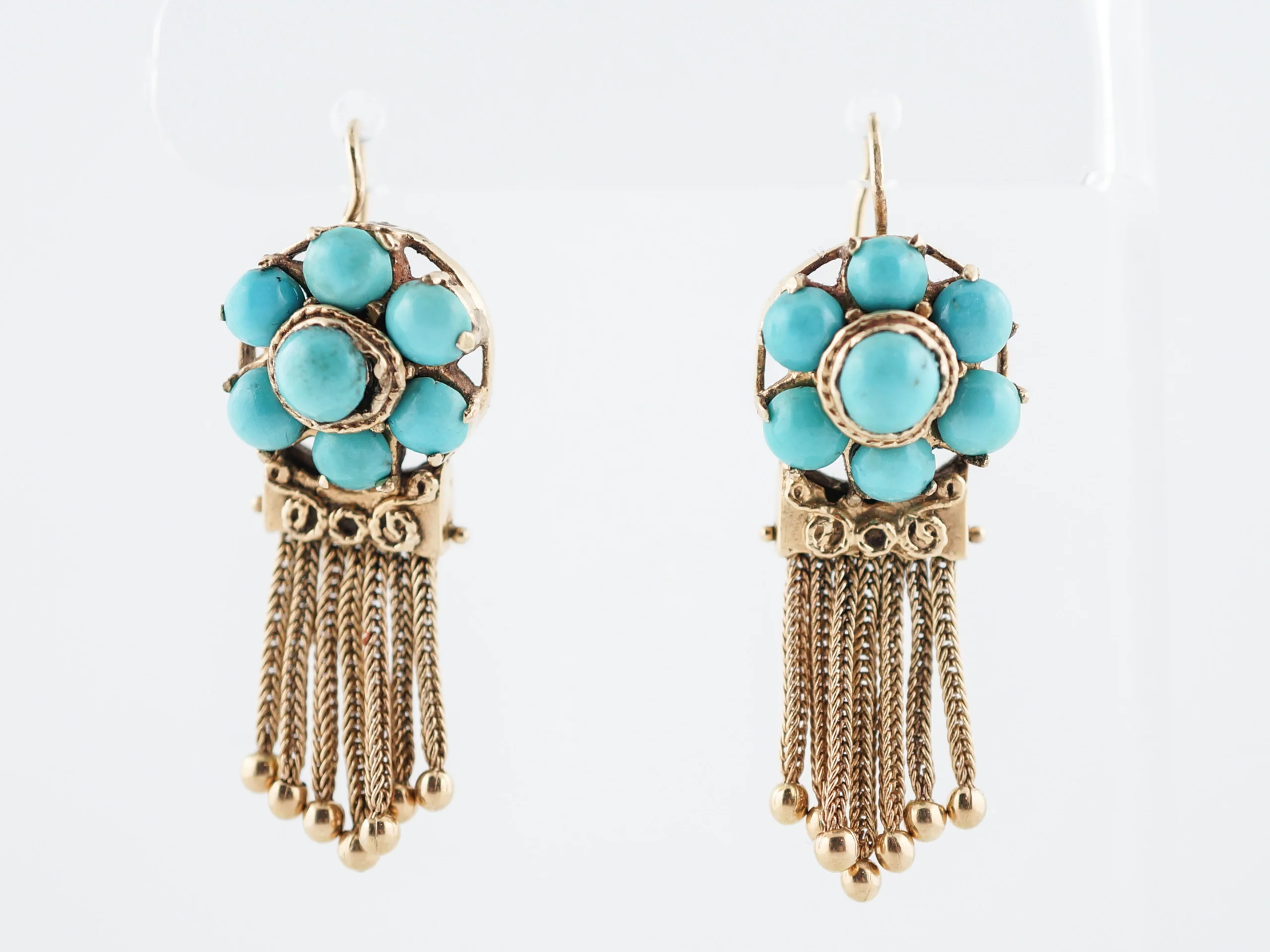 Antique Dangle Drop Earrings Victorian Cabochon Cut Turquoise in 14k Yellow Gold - Image 2