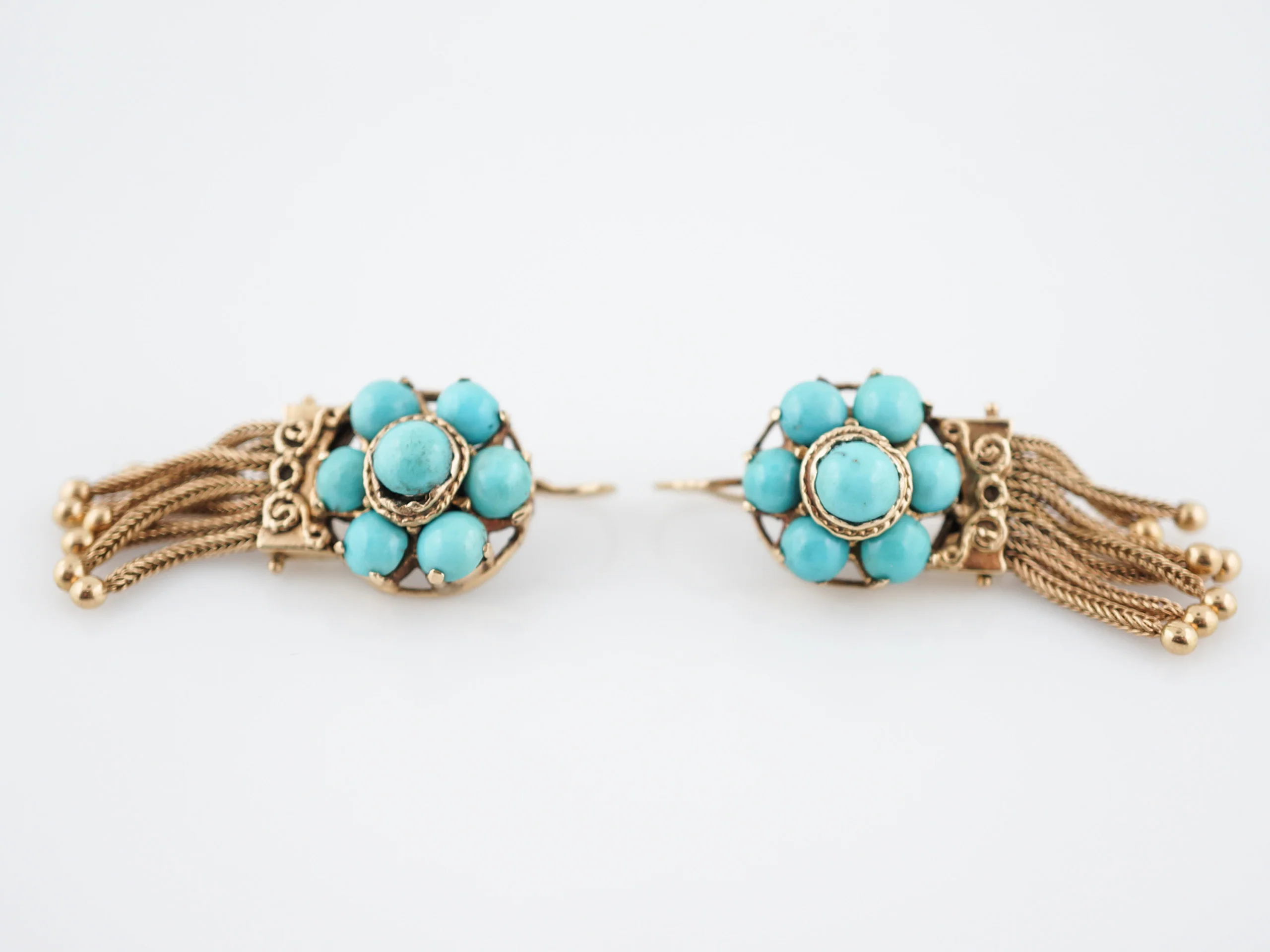 Antique Dangle Drop Earrings Victorian Cabochon Cut Turquoise in 14k Yellow Gold - Image 3
