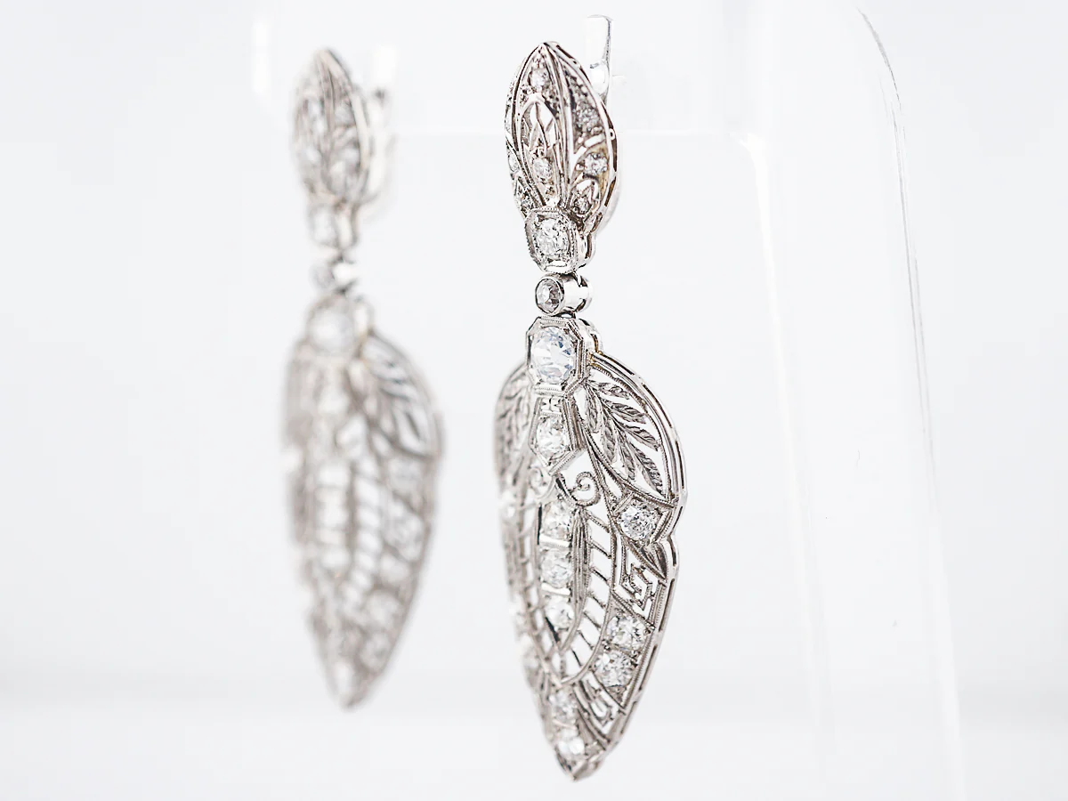 Antique Dangle Earrings Art Deco 3.90 Old European Cut Diamonds in Platinum - Image 2