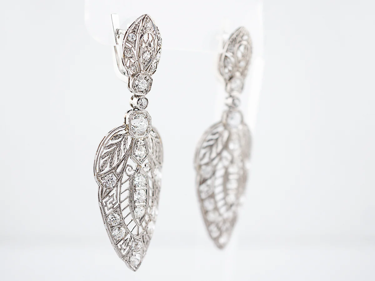 Antique Dangle Earrings Art Deco 3.90 Old European Cut Diamonds in Platinum - Image 3
