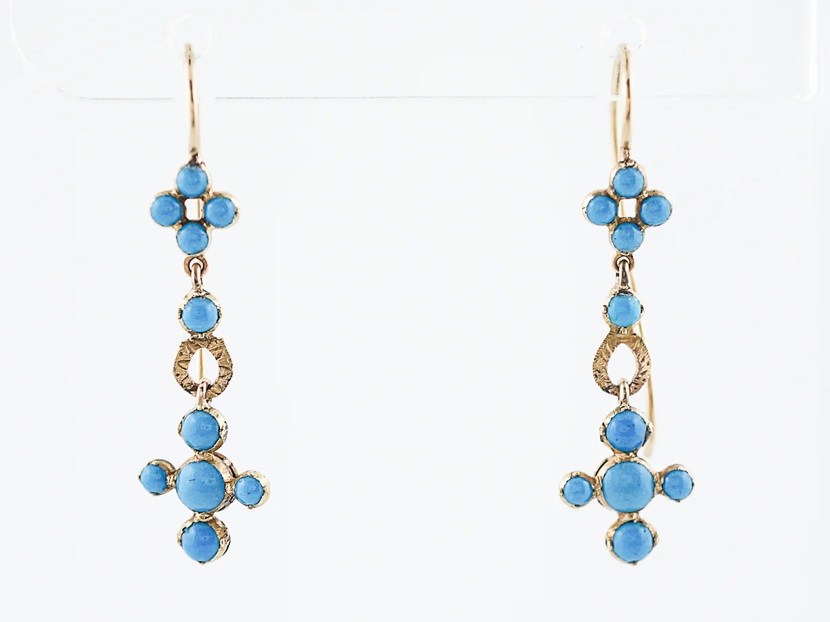 Antique Dangle Earrings Georgian Cabochon Cut Persian Turquoise in 14k & 18 Yellow Gold