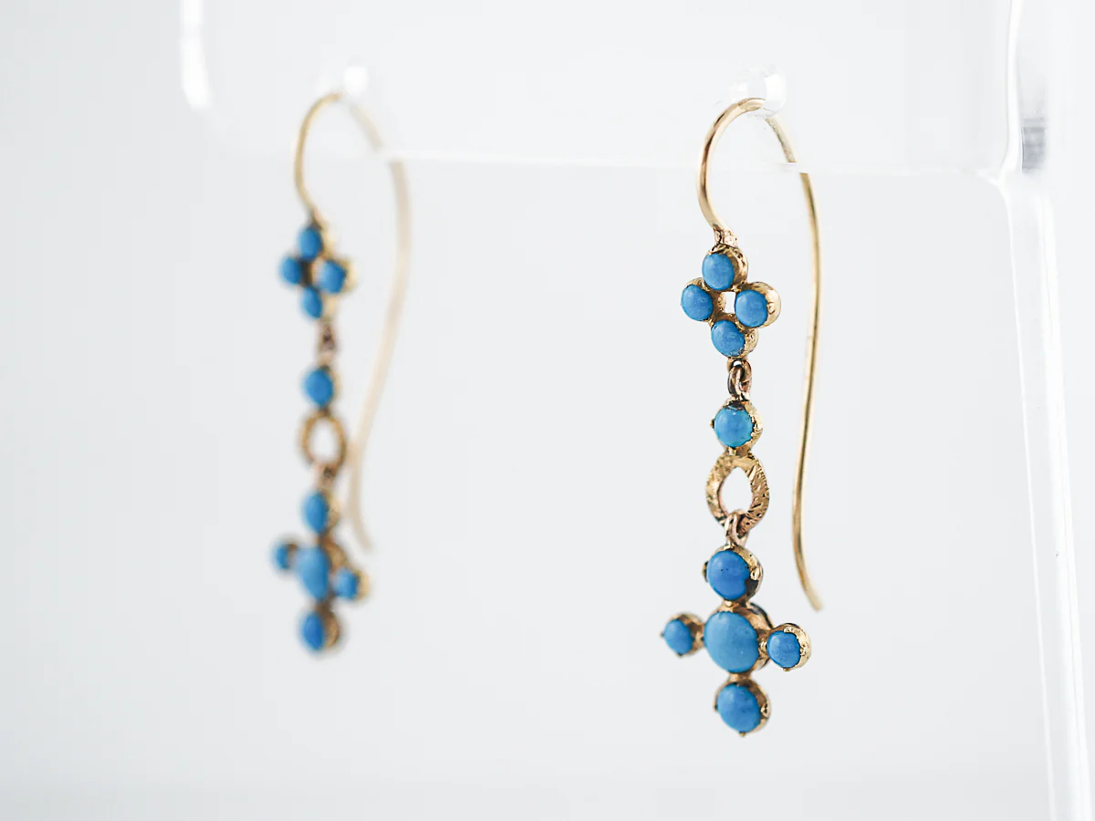 Antique Dangle Earrings Georgian Cabochon Cut Persian Turquoise in 14k & 18 Yellow Gold - Image 2