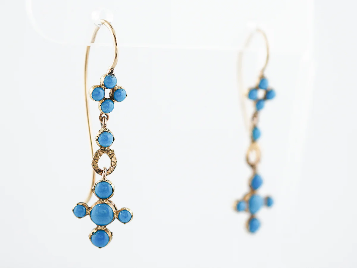 Antique Dangle Earrings Georgian Cabochon Cut Persian Turquoise in 14k & 18 Yellow Gold - Image 3